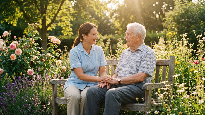 Eine verständnisvolle Pflegerin hält sanft die Hände eines demenzerkrankten Seniors in einem geschützten, sonnendurchfluteten Garten. Bunte Blumen im Hintergrund, friedliche und beruhigende Stimmung.