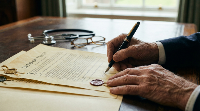 Eine Nahaufnahme von älteren Händen, die mit einem edlen Füllfederhalter ein wichtiges Dokument unterschreiben. Ein Stethoskop und eine Lesebrille liegen unscharf im Hintergrund auf einem massiven Holztisch.