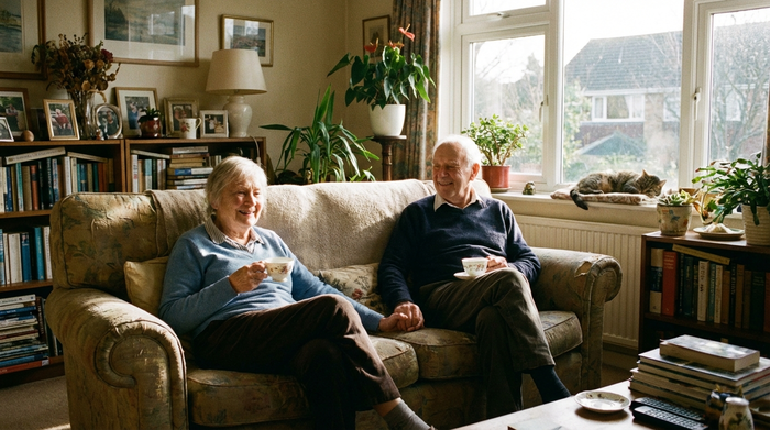 Ein älteres Ehepaar sitzt entspannt auf einem Sofa im heimischen Wohnzimmer und trinkt Tee. Durch das Fenster fällt warmes Sonnenlicht. Friedliche, harmonische und entlastete Stimmung, realistische Fotografie.