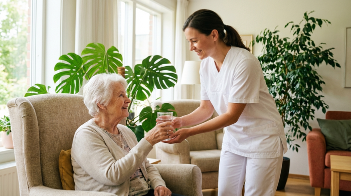 Eine professionelle Pflegekraft in weißer Kleidung reicht einer älteren Dame freundlich ein Glas Wasser. Im Hintergrund ein heller, freundlicher Aufenthaltsraum mit grünen Zimmerpflanzen.
