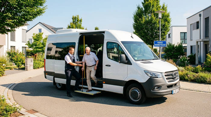 Ein moderner, weißer Kleinbus mit geöffneter Seitentür steht in einer sauberen, ruhigen Vorstadtstraße. Ein freundlicher Fahrer hilft einem Senior sicher beim Einstieg. Sonniges Wetter, klare Umgebung.