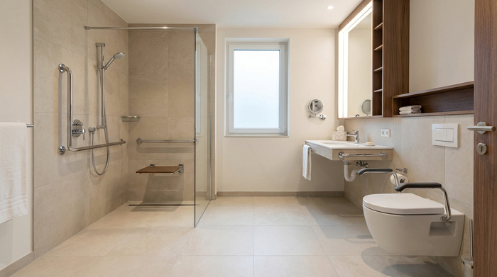 Ein modern eingerichtetes, barrierefreies Badezimmer mit einer großzügigen, bodengleichen Dusche und stabilen Haltegriffen an der Wand. Helle Fliesen, sauberes, rutschfestes und sicheres Umfeld.