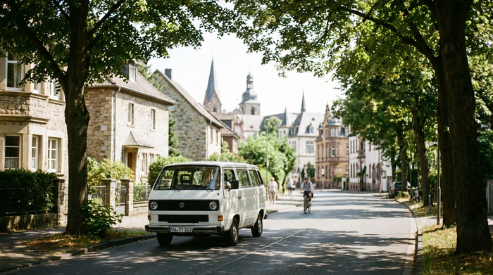 Ein weißer Kleinbus fährt an einem sonnigen Tag durch eine von Bäumen gesäumte Straße in einem Wohngebiet. Im Hintergrund sind unscharf historische Gebäude zu erkennen. Ruhige, friedliche Atmosphäre, fotorealistisch, ohne Text.