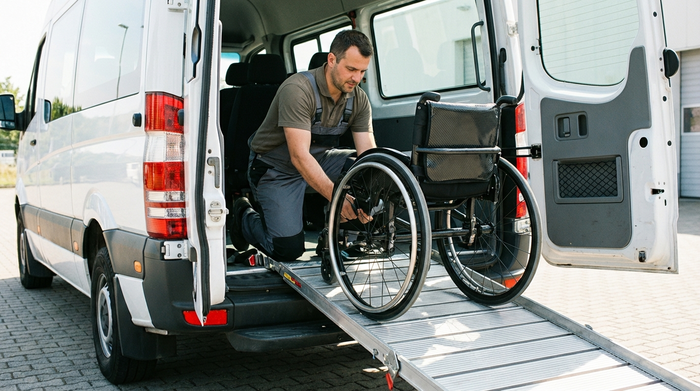 Eine ausgefahrene, metallene Rollstuhlrampe am Heck eines weißen Transporters. Ein fürsorglicher Fahrer sichert gerade einen modernen Rollstuhl im hellen Innenraum des Busses. Hochwertige Fotografie, klare Details, keine Buchstaben.