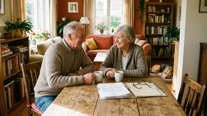 Ein älteres Ehepaar sitzt entspannt an einem Holztisch bei einer Tasse Kaffee und lächelt zufrieden. Auf dem Tisch liegen ordentlich sortierte Papiere. Helles, gemütliches Wohnzimmer, warme Farben, authentische Szene ohne Text.