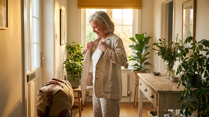 Eine ältere Dame mit grauen Haaren zieht sich im hellen Flur lächelnd eine leichte Jacke an. Im Hintergrund steht eine gepackte Tasche bereit. Warmes Morgenlicht fällt durch das Fenster, aufgeräumte und freundliche Umgebung.