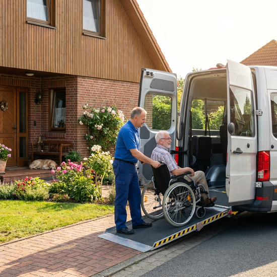 Ein moderner, rollstuhlgerechter Kleinbus steht vor einem gepflegten Einfamilienhaus im Sonnenschein. Ein freundlicher Fahrer hilft einem lächelnden Senior rücksichtsvoll und behutsam beim Einstieg.