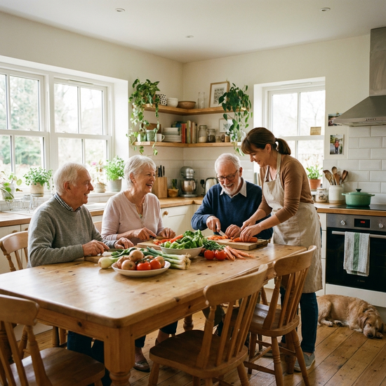 Senioren sitzen gemeinsam an einem hellen Esstisch und bereiten mit Freude frisches Gemüse vor. Eine herzliche Betreuungskraft unterstützt sie dabei in einer gemütlichen, sauberen Küche.