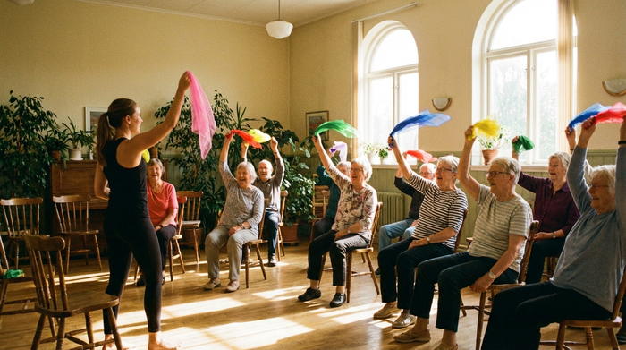Eine Gruppe von Senioren macht leichte Sitzgymnastik in einem sonnendurchfluteten Raum. Sie heben bunte Tücher in die Luft, alle wirken fröhlich, konzentriert und aktiv.
