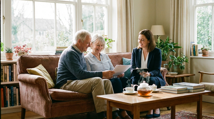 Ein älteres Ehepaar sitzt entspannt auf einem bequemen Sofa und bespricht lächelnd Dokumente mit einer freundlichen Beraterin. Eine Tasse Tee steht auf dem Tisch, friedliche Atmosphäre.