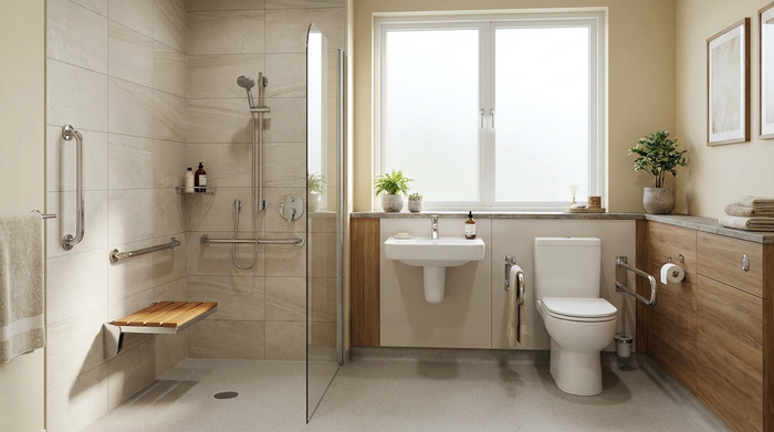 Ein modernes, helles und komplett barrierefreies Badezimmer mit einer bodengleichen Dusche, eleganten Haltegriffen an den Wänden und einem komfortablen Duschsitz. Sauber, sicher und wohnlich gestaltet.