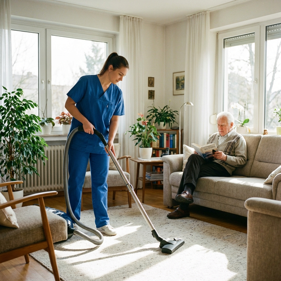 Eine professionelle Pflegekraft saugt den Teppich in einem sonnendurchfluteten, aufgeräumten Wohnzimmer. Im Hintergrund sitzt ein älterer Herr entspannt auf dem Sofa und liest ein Buch. Realistische Szene, keine Schriftzüge.
