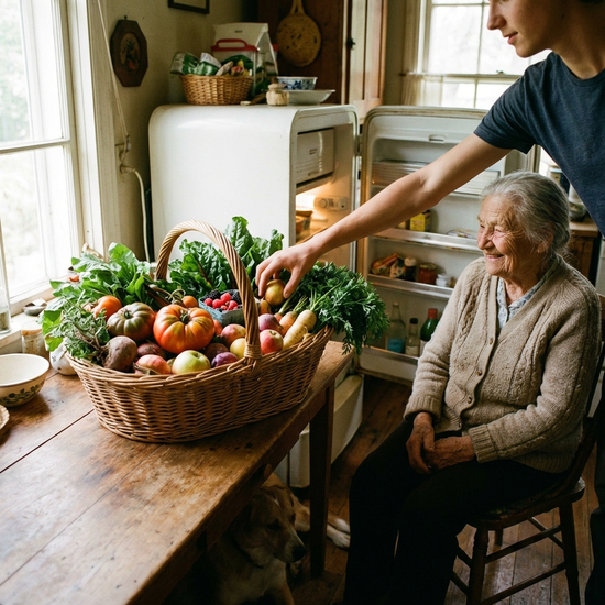 Ein gut gefüllter Einkaufskorb mit frischem Gemüse und Obst steht auf einem Küchentisch. Eine helfende Hand räumt die Lebensmittel in den Kühlschrank, während eine ältere Dame lächelnd zuschaut.