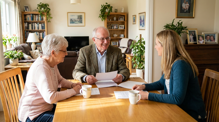 Ein freundlicher medizinischer Gutachter sitzt mit einer Seniorin und ihrer Tochter an einem Esstisch und bespricht entspannt Dokumente. Helle, freundliche Atmosphäre, seriöse Beratungssituation in einem gemütlichen Zuhause.