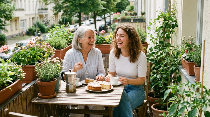 Zwei Frauen unterschiedlichen Alters sitzen lachend bei Kaffee und Kuchen auf einem sonnigen Balkon mit vielen grünen Pflanzen. Entspannte, nachbarschaftliche Atmosphäre im Sommer, völlig textfrei.