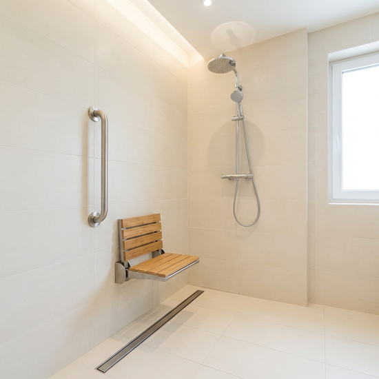 Eine moderne, bodengleiche Dusche in einem hell gefliesten, barrierefreien Badezimmer. Ein sicherer Edelstahl-Haltegriff und ein klappbarer Duschsitz sind an der Wand montiert. Sehr sauber, sicher und gut beleuchtet.