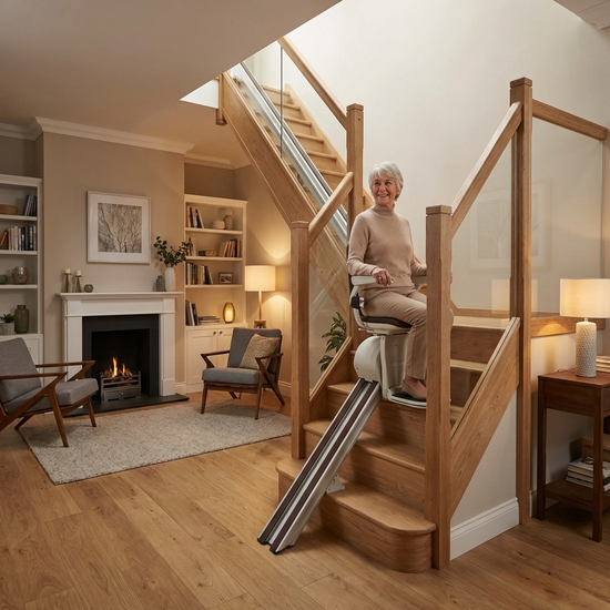 Ein eleganter, moderner Treppenlift fährt an einer Holztreppe in einem gepflegten Einfamilienhaus nach oben. Subtiles Design, das sich harmonisch in den gemütlichen Wohnraum einfügt.