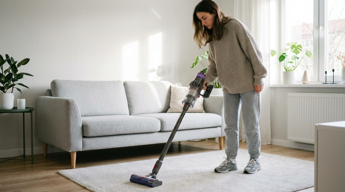 Eine Frau in legerer Alltagskleidung reinigt mit einem Staubsauger konzentriert einen hellen Teppich in einem modernen, aufgeräumten Wohnzimmer. Im Hintergrund steht ein hellgraues Sofa.
