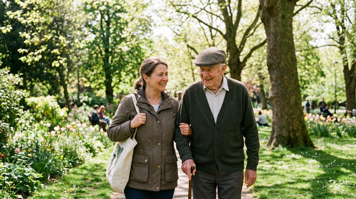 Eine aufmerksame Alltagsbegleiterin stützt einen älteren Herrn fürsorglich am Arm beim gemeinsamen Spaziergang durch einen sonnigen, grünen Park. Beide lächeln entspannt und genießen die Natur.