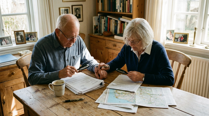 Ein älteres Ehepaar sitzt am heimischen Esstisch und studiert aufmerksam wichtige Dokumente. Eine Kaffeetasse und ein Stift liegen griffbereit neben den Papieren auf dem Holztisch.