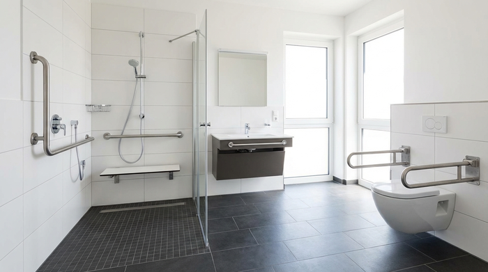 Ein modern ausgestattetes, helles und barrierefreies Badezimmer mit einer bodengleichen Dusche, stabilen Haltegriffen an den weißen Wänden und einem rutschfesten, anthrazitfarbenen Fliesenboden.