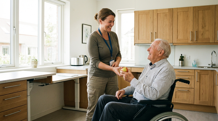 Eine engagierte Betreuungskraft reicht einem älteren Herrn im Rollstuhl in einer modernen, barrierefreien Küche einen frischen Apfel. Beide lächeln sich freundlich an. Natürliches Licht, saubere Umgebung, realistische Fotografie.