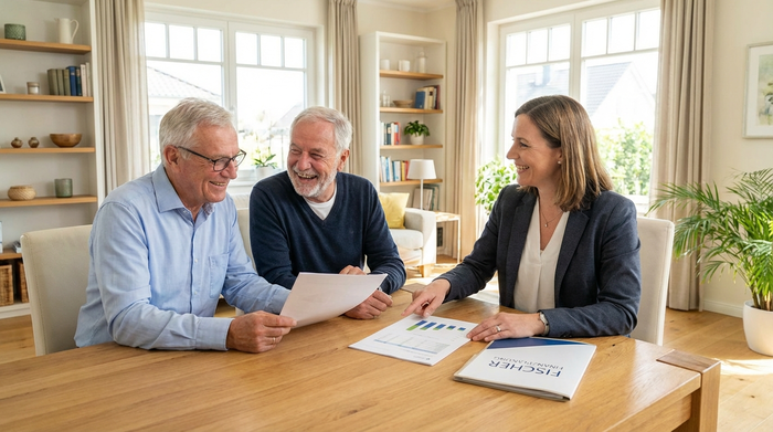 Ein älteres Ehepaar sitzt mit einer Beraterin am Wohnzimmertisch und schaut gemeinsam auf einige Dokumente. Die Stimmung ist entspannt und vertrauensvoll. Helles Zimmer, ordentliche Einrichtung, Fokus auf professionelle Beratung.
