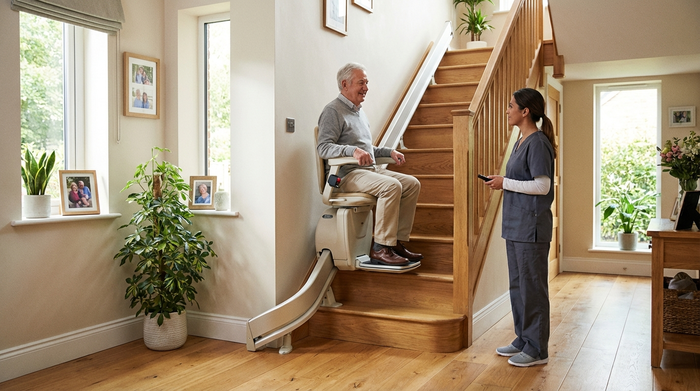 Ein moderner Treppenlift an einer Holztreppe in einem gepflegten Einfamilienhaus. Ein Senior sitzt sicher auf dem Lift und fährt langsam nach oben, während eine Pflegekraft unten aufmerksam zuschaut. Helle Beleuchtung, realistische Darstellung.