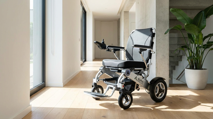 Ein moderner, sauberer elektrischer Rollstuhl steht in einem hellen, aufgeräumten Flur eines modernen Hauses. Das Sonnenlicht scheint durch das Fenster und beleuchtet die hochwertigen Materialien des Rollstuhls.