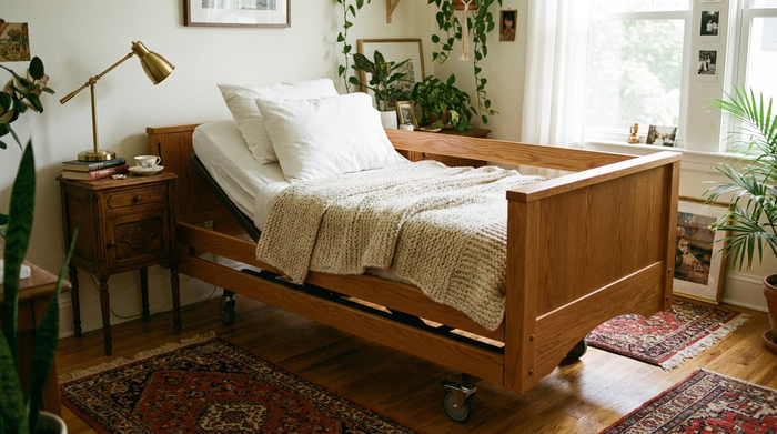 Ein höhenverstellbares, hölzernes Pflegebett in einem gemütlich eingerichteten Schlafzimmer. Auf dem Bett liegen ordentliche, weiße Kissen und eine warme Decke. Neben dem Bett steht ein kleiner Nachttisch mit einer Leselampe.