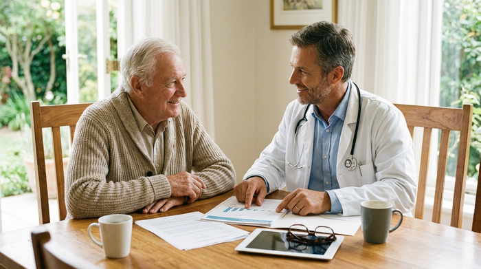 Ein älterer Herr sitzt entspannt am Esstisch und bespricht mit einem freundlichen Arzt in weißem Kittel medizinische Dokumente. Auf dem Tisch liegen einige Papiere und eine Kaffeetasse, friedliche und vertrauensvolle Stimmung.
