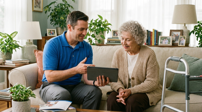 Ein freundlicher Berater eines Sanitätshauses im Gespräch mit einer Seniorin in ihrem Wohnzimmer. Der Berater zeigt aufnehmend und empathisch verschiedene Optionen, während die Seniorin aufmerksam zuhört. Helles, freundliches Ambiente.