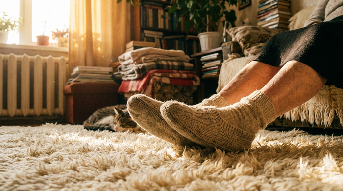 Nahaufnahme der Füße einer älteren Dame in bequemen, weichen Hausschuhen, die entspannt auf einem flauschigen Teppich im Wohnzimmer ruhen. Warmes, gemütliches Licht scheint durch das Fenster.