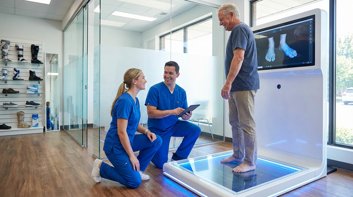Ein Orthopädietechniker in sauberer Arbeitskleidung kniet in einem hellen, modernen Sanitätshaus neben einem älteren Kunden. Der Kunde steht barfuß auf einer beleuchteten, flachen Glasplatte eines modernen 3D-Scanners.
