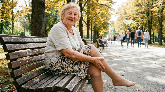 Eine vitale Seniorin sitzt auf einer gemütlichen Parkbank und massiert sanft ihren Unterschenkel. Sie trägt unauffällige, hautfarbene Kompressionsstrümpfe unter einem eleganten Sommerrock.