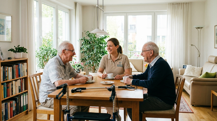 Eine freundliche Sanitätshaus-Mitarbeiterin besucht ein älteres Ehepaar in deren hellem Wohnzimmer. Sie sitzen gemeinsam am Esstisch und besprechen bei einer Tasse Kaffee entspannt die neuen Hilfsmittel.