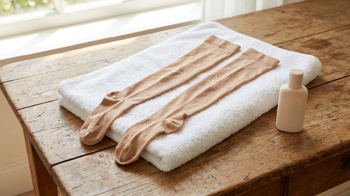 Frisch gewaschene, hautfarbene Kompressionsstrümpfe liegen ordentlich ausgebreitet auf einem weichen, weißen Handtuch auf einem Holztisch zum Trocknen. Daneben steht eine kleine, neutrale Flasche mit Pflegelotion.