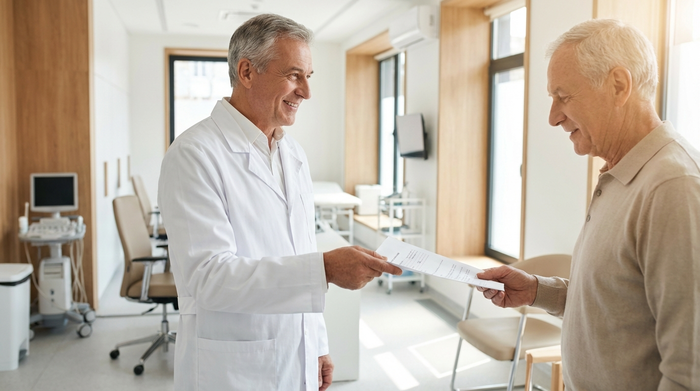 Ein erfahrener Arzt im weißen Kittel sitzt in einer modernen Praxis und überreicht einem älteren Patienten freundlich ein medizinisches Dokument.