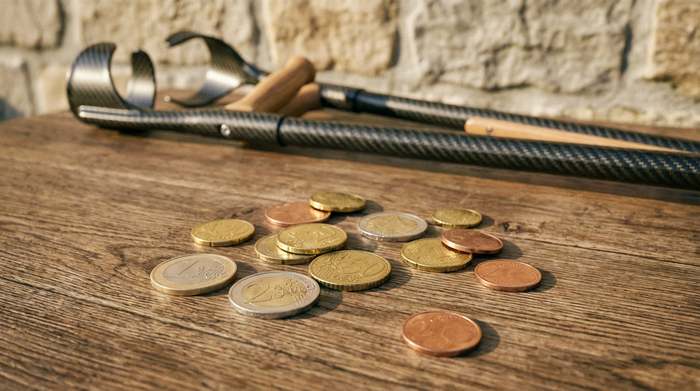 Eine detaillierte Nahaufnahme von sauberen Euro-Münzen auf einem Holztisch, im unscharfen Hintergrund lehnen elegante Unterarmgehstützen an der Wand.