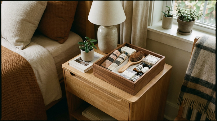 Ein aufgeräumter Nachttisch aus Holz mit einer ordentlich arrangierten Box voller verpackter Pflegeutensilien in einem gemütlich eingerichteten Schlafzimmer.
