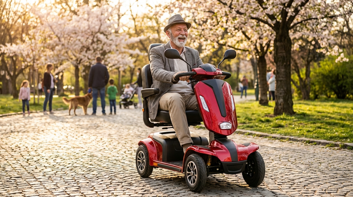 Ein älterer Herr fährt an einem sonnigen Tag entspannt und glücklich mit einem modernen, roten Elektromobil auf einem gepflasterten Weg im Park.