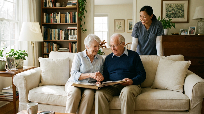 Ein älteres Ehepaar sitzt entspannt auf einem hellen Sofa und schaut sich gemeinsam ein Fotoalbum an. Eine Pflegekraft steht wohlwollend im Hintergrund. Warme, einladende Atmosphäre, realistischer Fotostil.