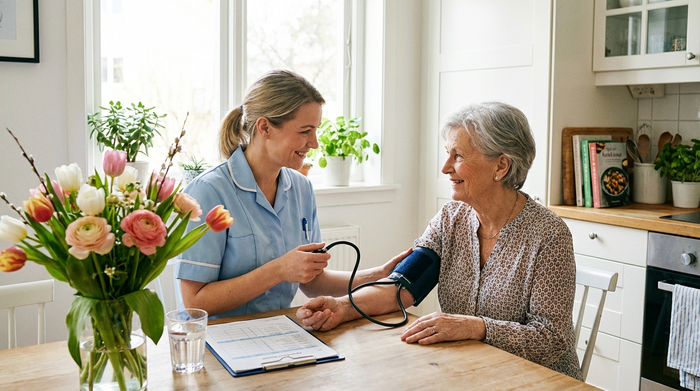 Eine Pflegekraft misst sanft den Blutdruck einer älteren Dame am Küchentisch. Frische Blumen stehen auf dem Tisch, helles Tageslicht. Fokus auf Fürsorge und medizinische Routine, sauberes Umfeld.