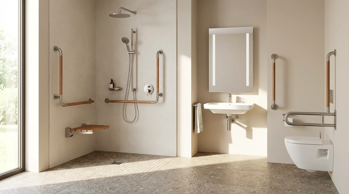 Ein modernes, barrierefreies Badezimmer mit einer ebenerdigen Dusche, eleganten Haltegriffen und rutschfesten Fliesen. Helles, sauberes und sicheres Umfeld für Senioren. Keine Menschen im Bild.