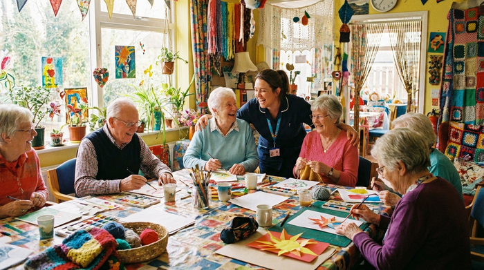 Eine fröhliche Gruppe von Senioren sitzt in einem sonnigen, farbenfrohen Raum an einem großen Tisch und bastelt gemeinsam. Eine Betreuerin lacht mit ihnen. Lebendige, soziale Szene.