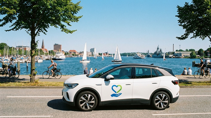 Ein modernes Auto eines Pflegedienstes fährt an einem sonnigen Tag entlang der Kieler Förde. Im Hintergrund sind Segelboote und das Wasser zu sehen. Klare, helle Umgebung, realistische Straßenszene ohne Schriftzüge.