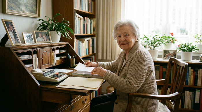 Eine ältere Dame sitzt am Schreibtisch und ordnet mit einem Lächeln Dokumente. Neben ihr liegt ein Taschenrechner. Gemütliches Arbeitszimmer mit sanftem Tageslicht, aufgeräumt und strukturiert.