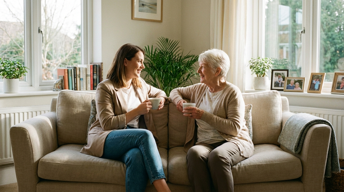 Zwei Frauen, eine jüngere Pflegeberaterin und eine ältere Angehörige, sitzen auf einem bequemen Sofa und unterhalten sich zugewandt bei einer Tasse Kaffee. Entspannte, vertrauensvolle Stimmung im hellen Wohnzimmer.