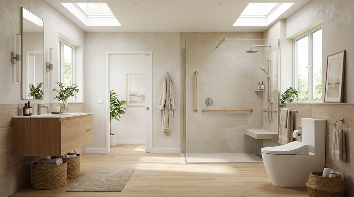 Ein modern gestaltetes, helles und barrierefreies Badezimmer mit einer bodengleichen Dusche und unauffälligen Haltegriffen. Sauber, sicher und stilvoll eingerichtet, ohne medizinisch kühl zu wirken.