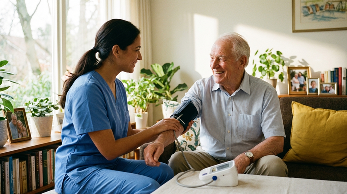 Eine professionelle Pflegekraft in blauer Berufskleidung misst liebevoll den Blutdruck eines lächelnden älteren Herrn in seinem Wohnzimmer. Helle, freundliche Atmosphäre, medizinische Versorgung zu Hause, realistisch und hochwertig.